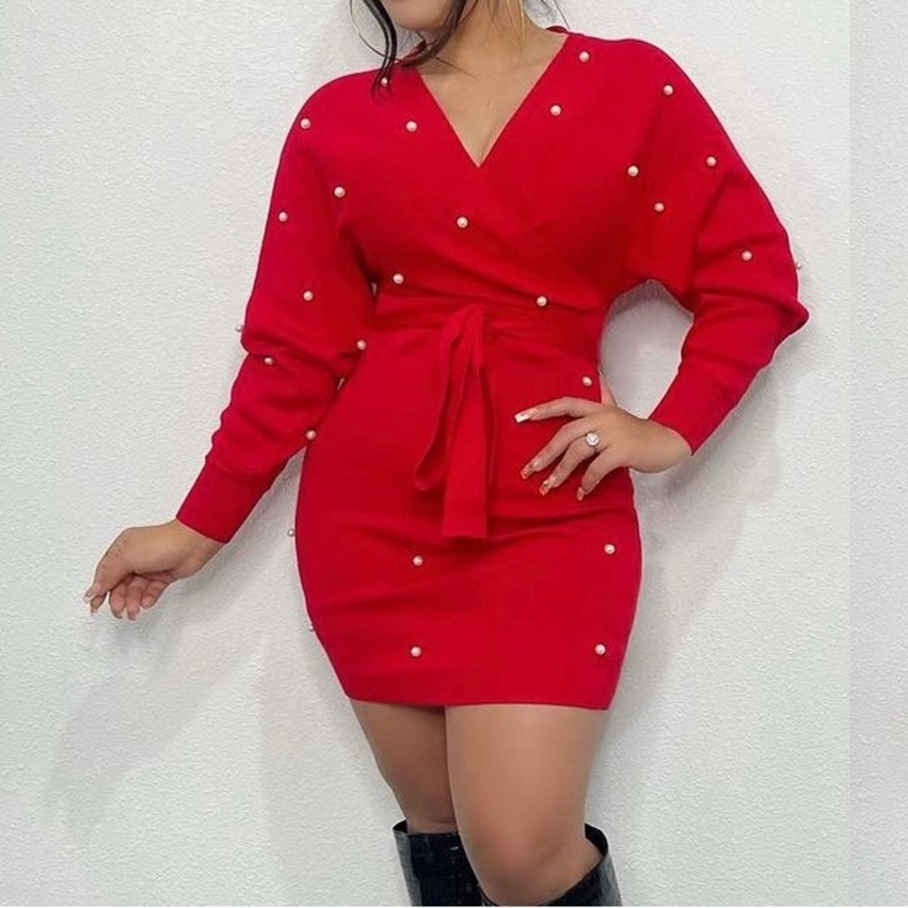 HWA Apparel, Red Sweater Dress with Pearl, Large